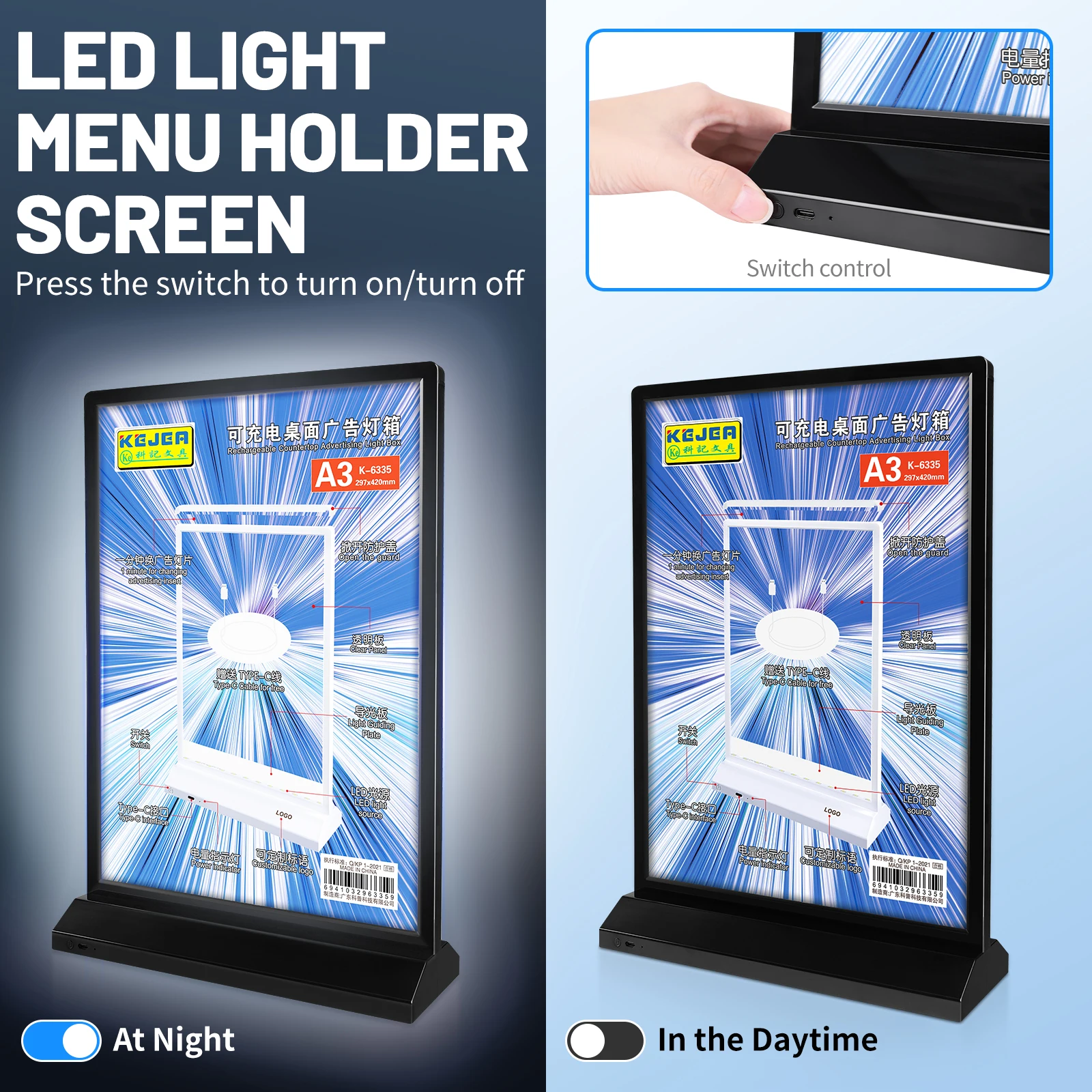 Kejea LED display card stand high quality advertising promotion menu stand rechargeable light box