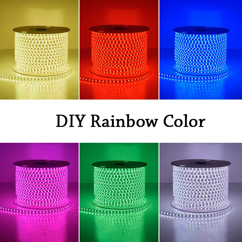 2025 светодиодное освещение Водонепроницаемый 110 В/220 В SMD5050 10 мм 16 цветов Пульт дистанционного управления RGB Светодиодные полосы света 100 м/рулон для домашнего декора