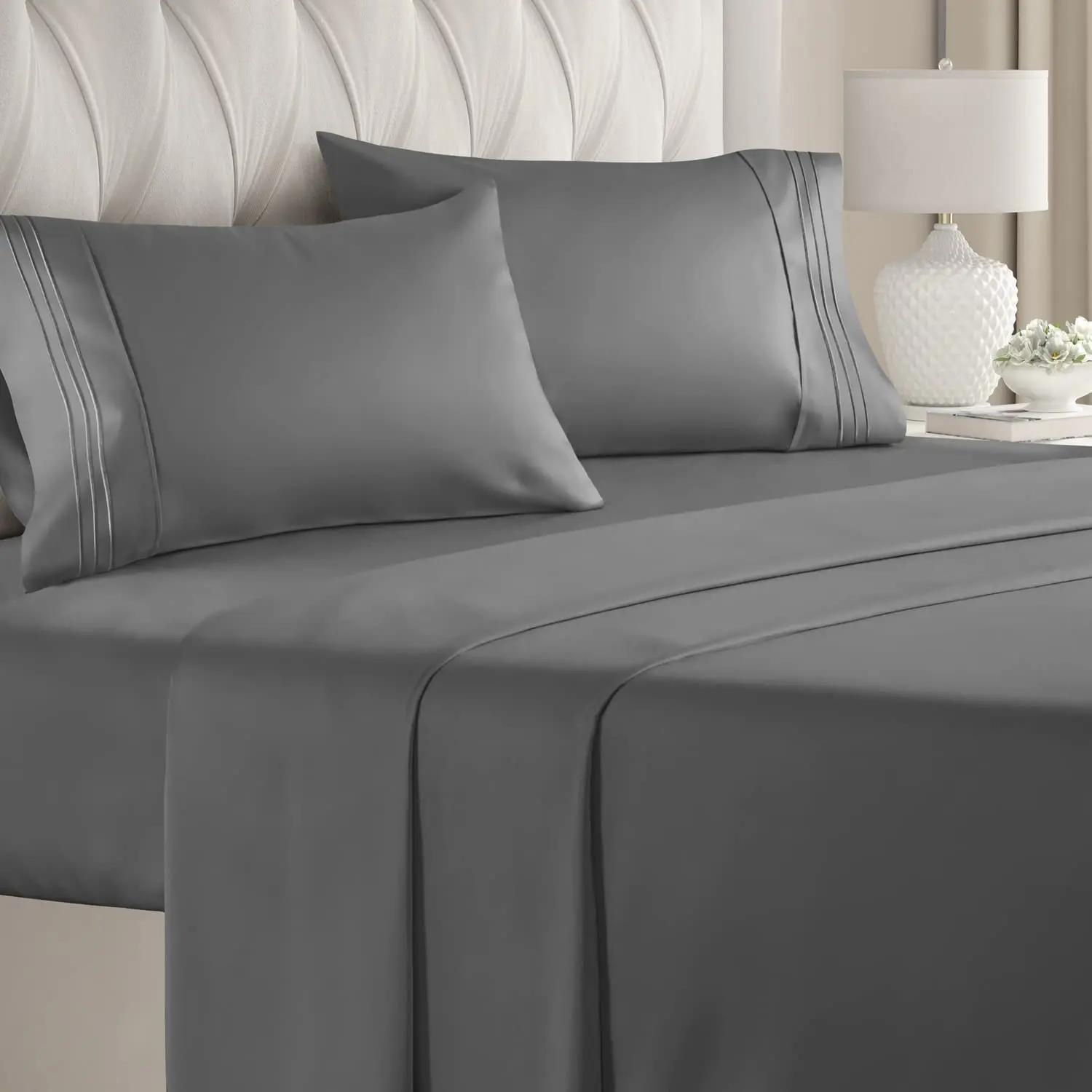 Extra Soft Deep Pockets Wrinkle Free Breathable 4 Piece King Size Dark Grey Cooling Bed Sheet Set