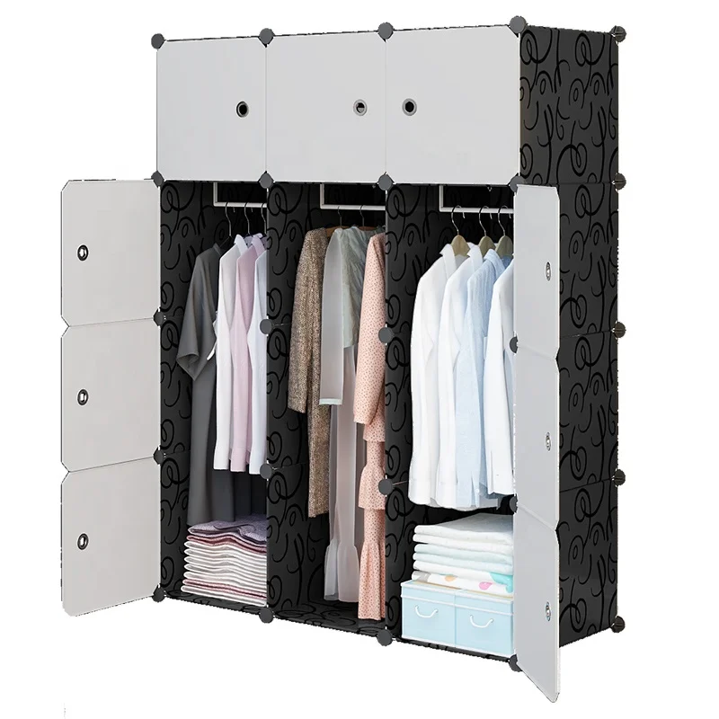 Factory wholesale 12 cubes black with white door clothes closet cabinet portable hanging armario plastic wardrobe