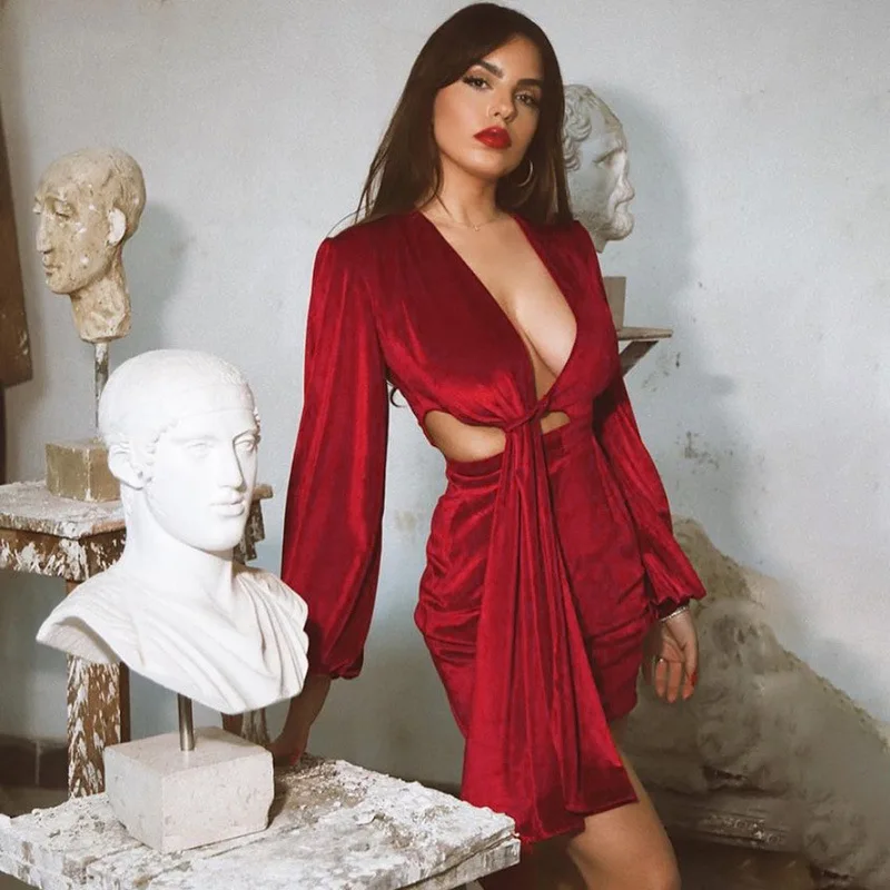 2022 оптовая продажа, женское свободное платье с длинным рукавом и V-образным вырезом, сексуальное Повседневное платье с низким вырезом