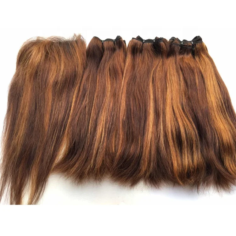 Лидер продаж, красивые волосы, необработанные разноцветные коричневые Натуральные Прямые волосы с кутикулой, пряди, супер двойные волосы Funmi