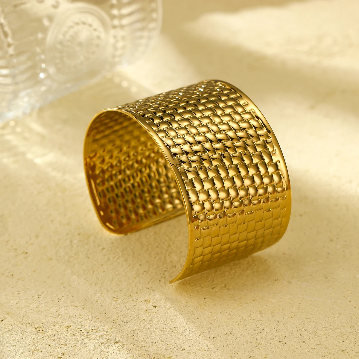 Classic Plaid Open Bracelets 18K PVD Gold Plated Stainless Steel 4cm Wide Cuff Bracelet Adjustable Waterproof Jewelry For Women