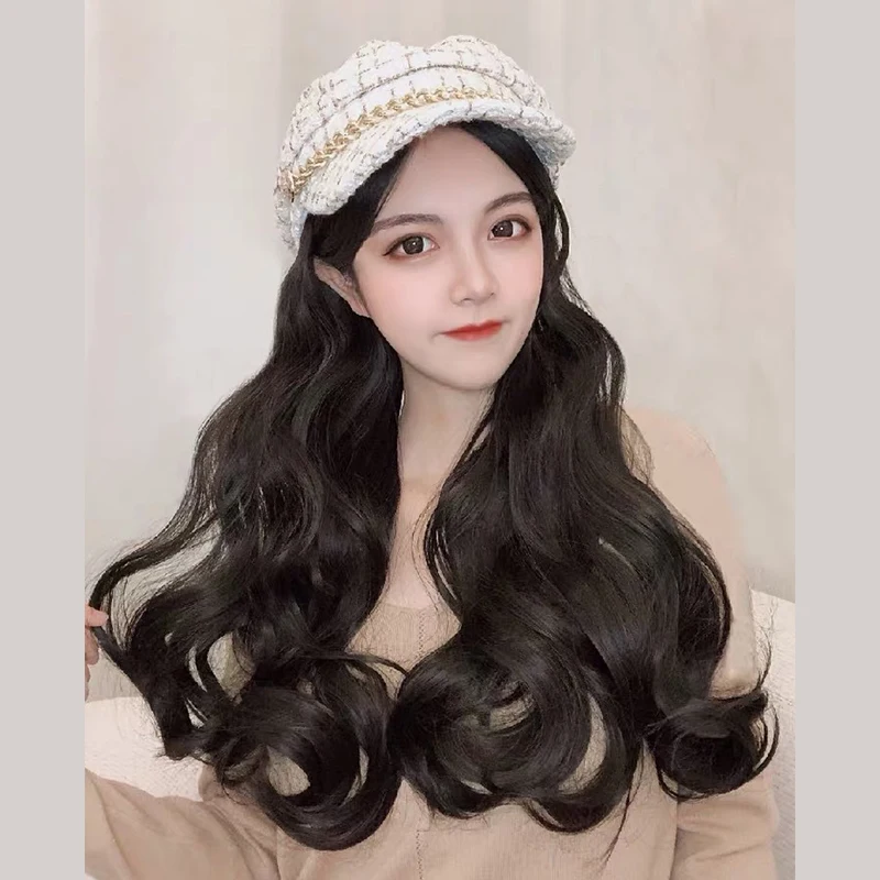 LUPU Synthetic Long Wavy Wig Connection Elastic Knit Hat High Temperture Fiber Hair Wigs For White/Black Women