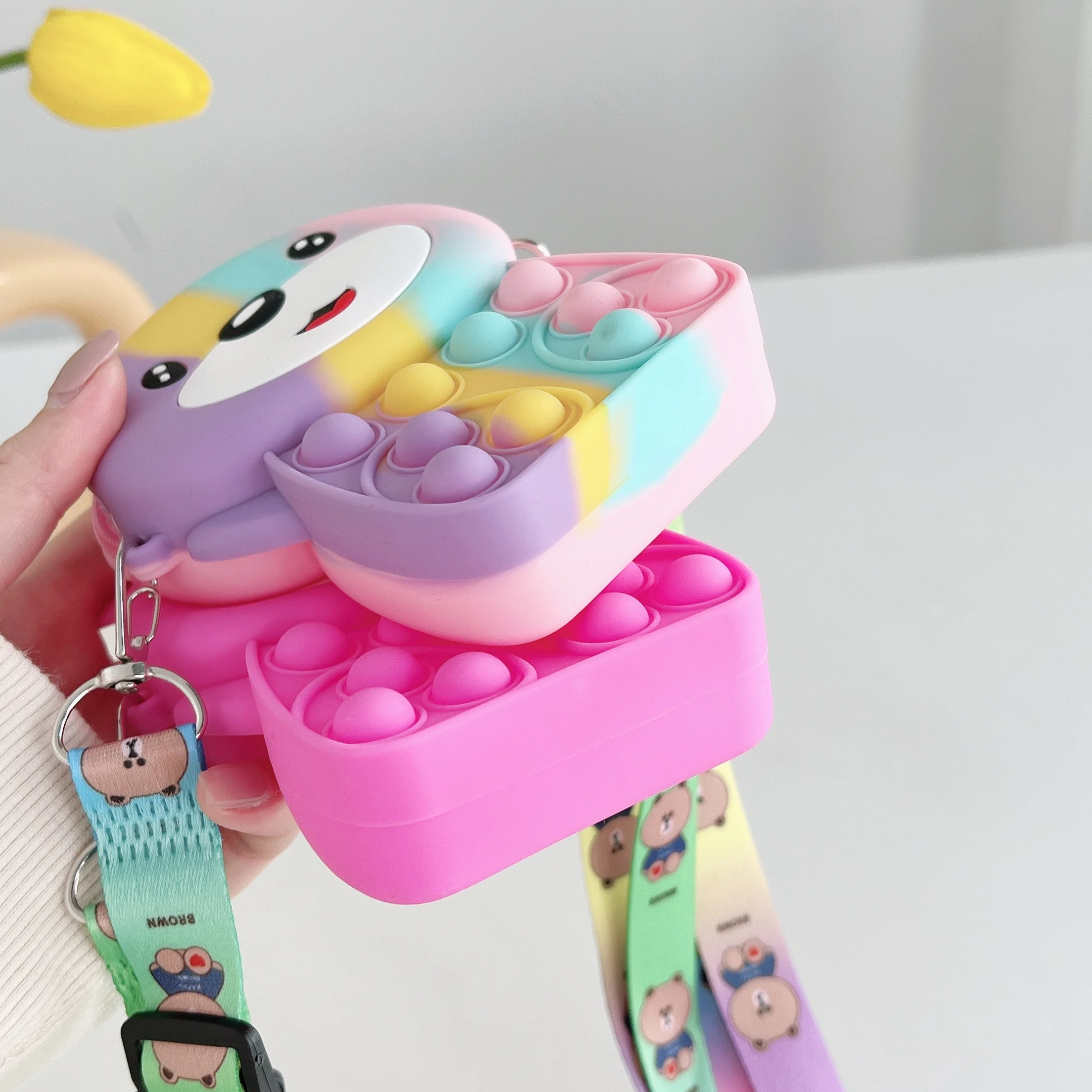 Waterproof Stress Relief Coin Purse Cartoon Bear Silicone Shoulder Bags for Kids or Ladies