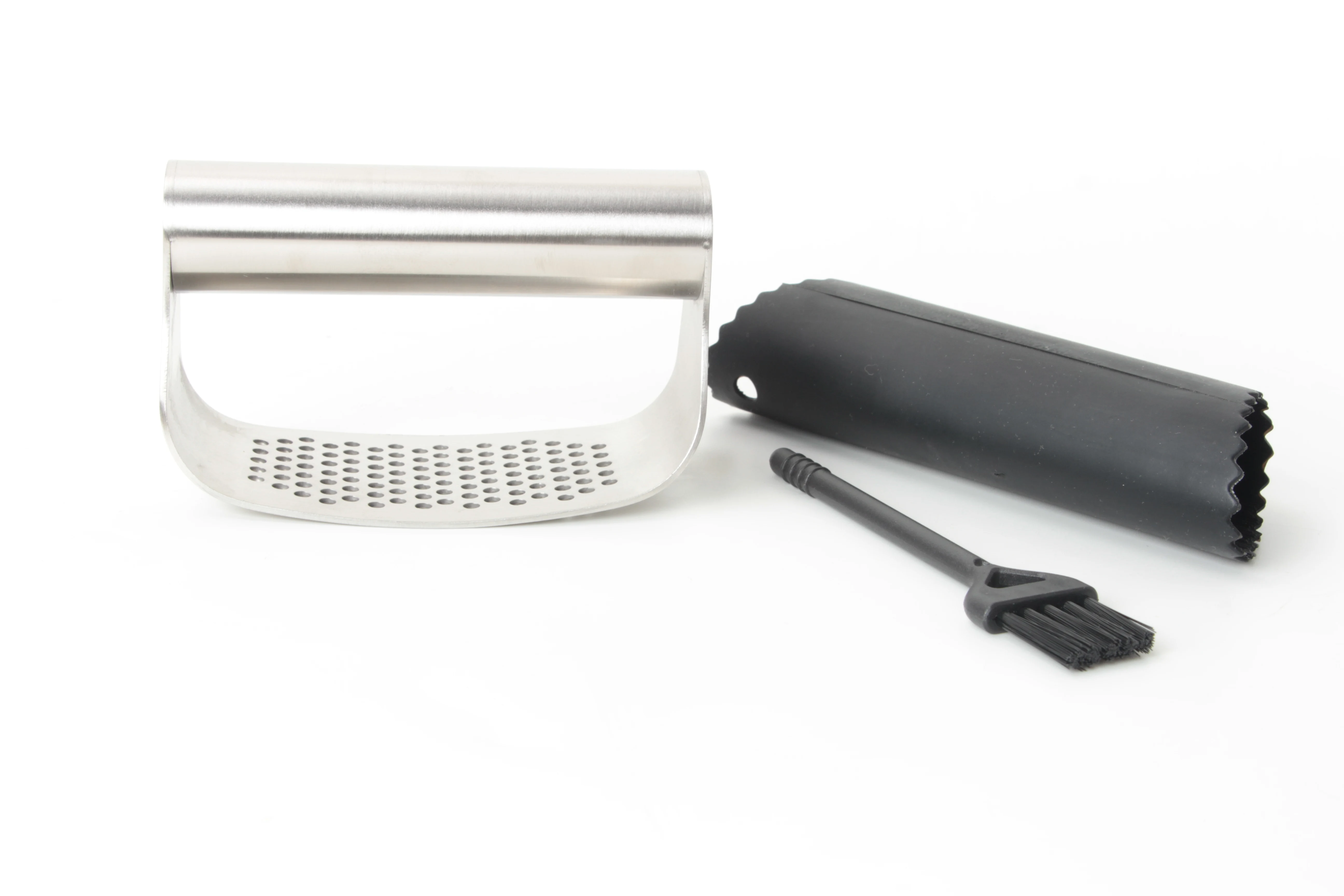 Garlic Press Rocker New Kitchen Stainless Steel Garlic Mincer Crusher, Matching Silicone Roller Peeler and Cleaning Brush