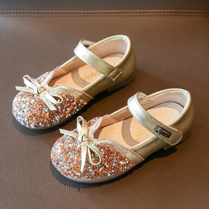2022 New Girl Princess Shoes Glitter Patchwork Shoes For Kids Bling Bowknot Rhinestones Girls Baby Girl Dress Shoes