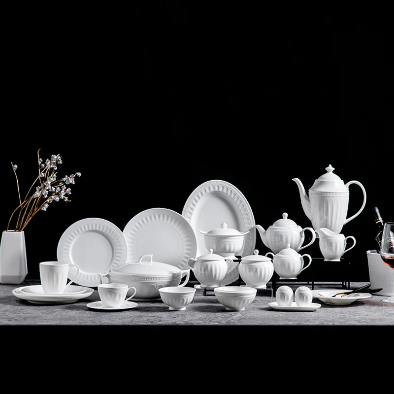 Luxury hotel restaurant food dishes plates dinnerware ceramic catering bone china white round dinner for 5