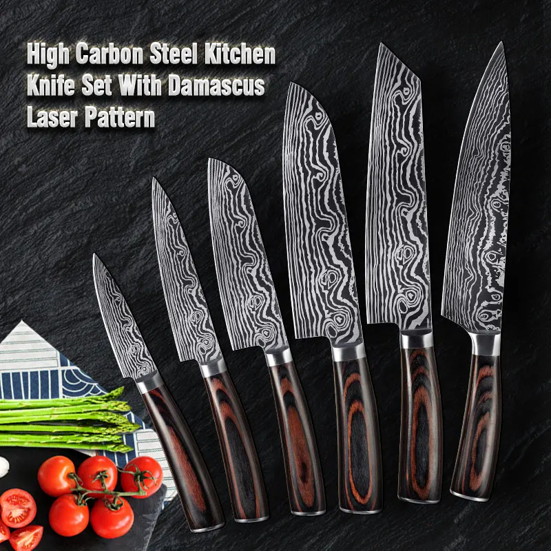 
Konoll Amazon Hot Sales 8 INCH Color Wood Handle Kitchen Cook Knife OEM/ODM 7cr17Mov Steel With Laser Damascus Pattern 