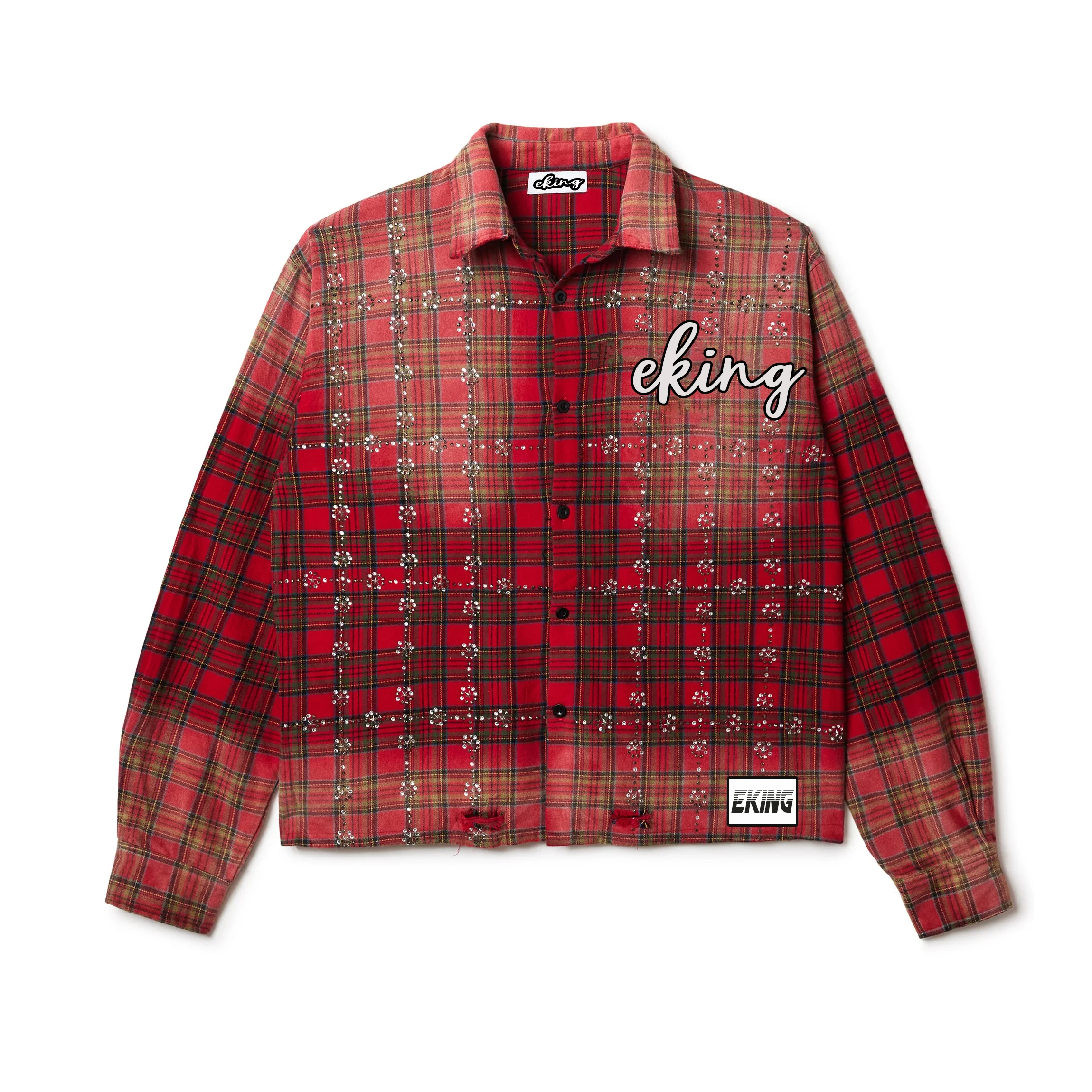 Винтажные фланелевые рубашки оверсайз с вышивкой кислотным логотипом на заказ клетчатые длинным рукавом и пуговицами со стразами