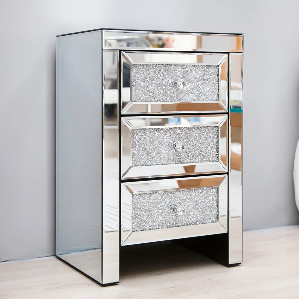 bedroom modern bedside mirrored nightstand silver MDF frame storage cabinet with 3 crystal diamond drawers