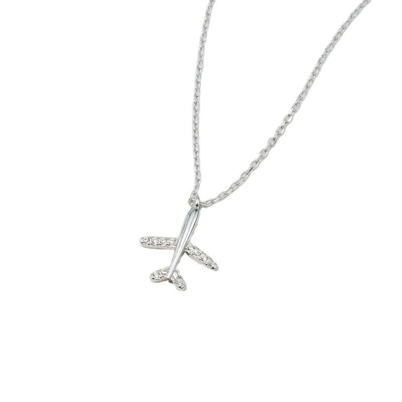 Fashion Design Plane Necklace 925 Sterling Silver Cubic Zirconia Airplane Pendant Necklace Jewelry