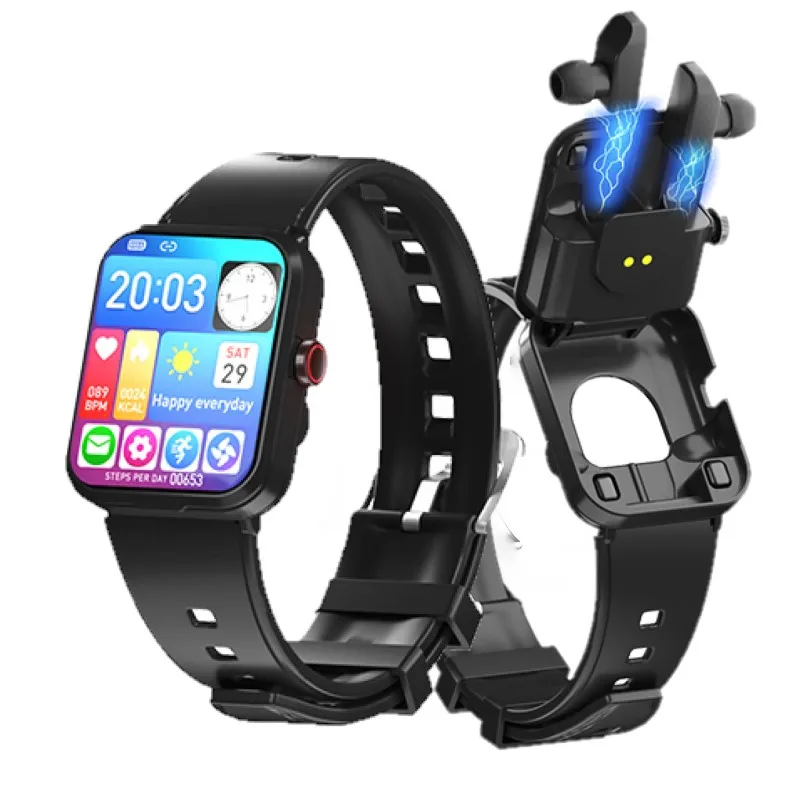 Multi functions hands free tws earphone spin button earbuds square smart watch 2 in 1 with headset earbuds earphone