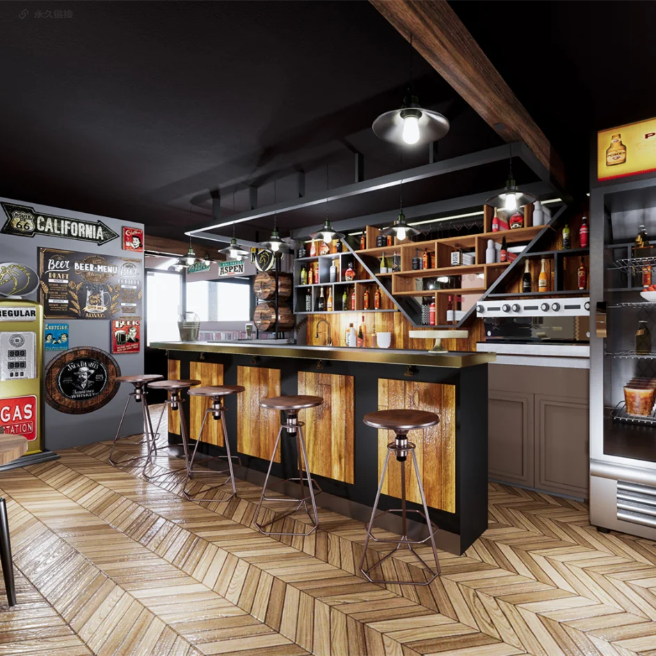 Custom Modern PUB Bar Counter L Shape Led Quartz Stone Finish Wooded Stoving Varnish Club Bar Counter