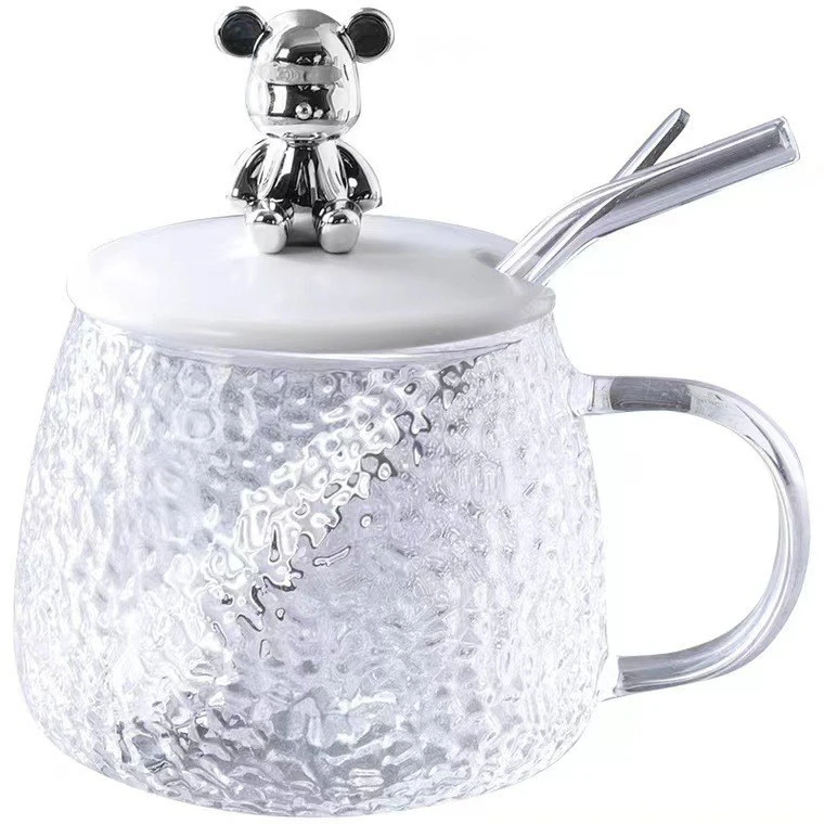 Hot Delicate Cute Bear Mugs With Spoon and Lids Heatproof Home Drink Water Cups Hammer Gift Glasses Coffee Glass Mug
