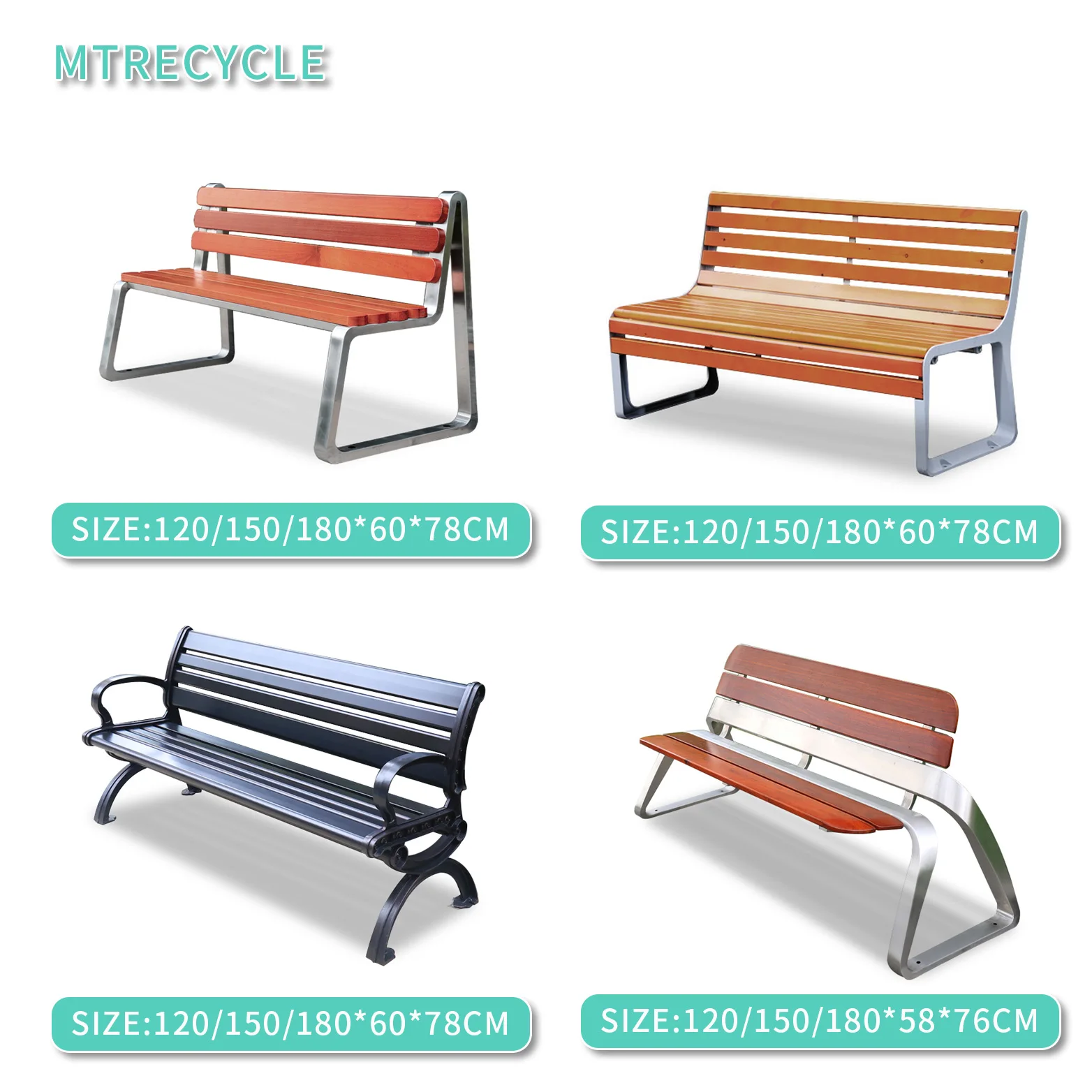 Metal stainless steel park bench with backrest solid wood garden bench outdoor patio aluminum wooden benches for public area
