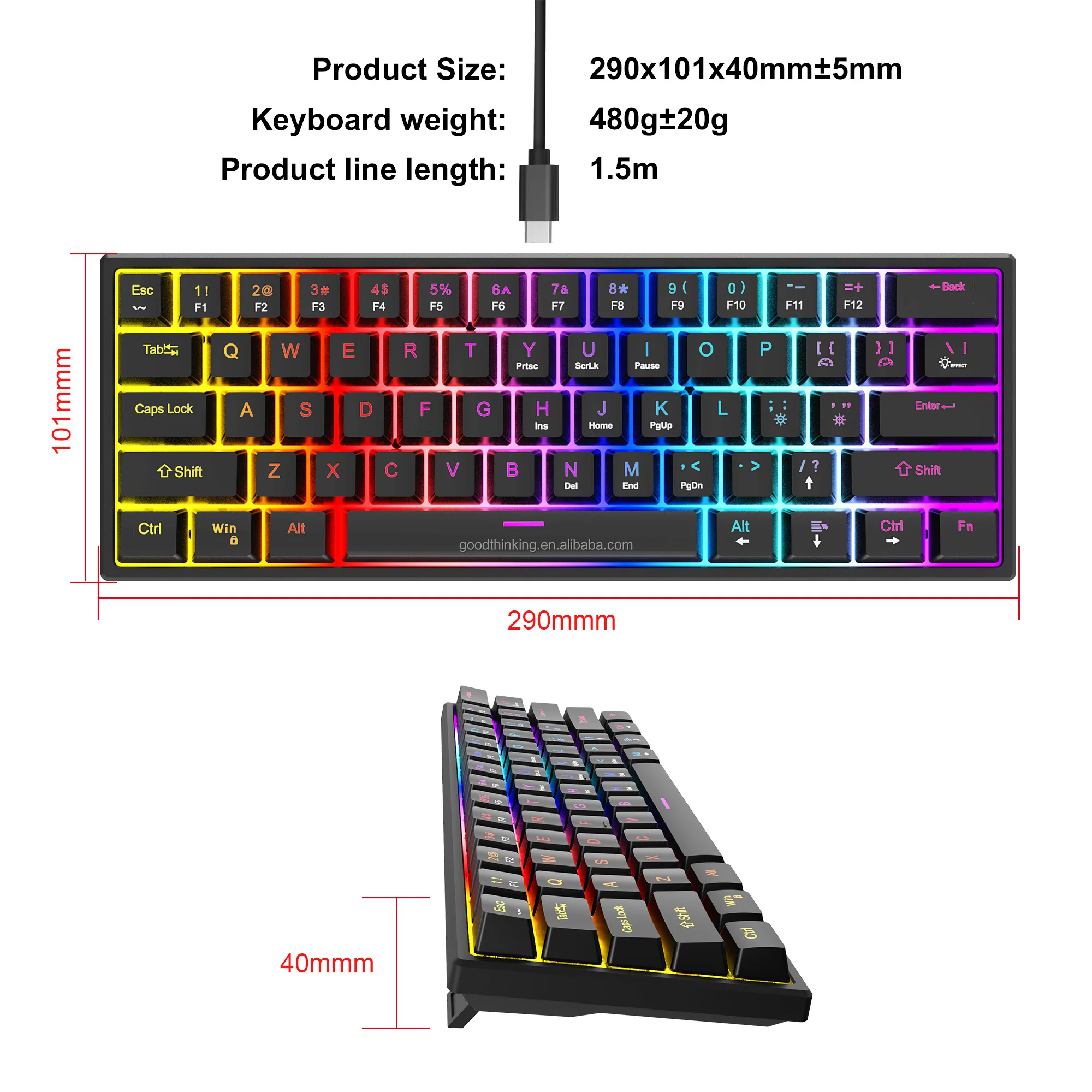 Factory Wholesale gaming accessories 61 keys small size wired Type C RGB Cyan Axis mechanical keyboard gaming keyboards
