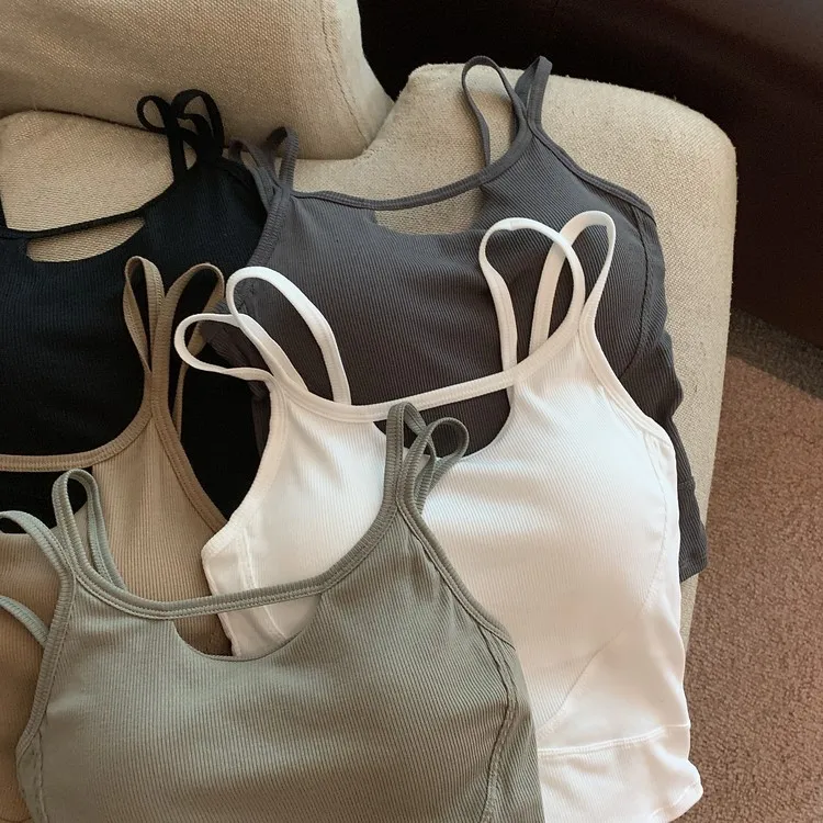 Car sewn sexy pure wind backless halter female with chest pad solid color shoulder strap U-neck vest outside to wear a top