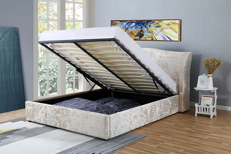 Willsoon Wing Back Double Bed Frame champagne velvet Fabric oyster bed with storage ottoman bed tempat tidur