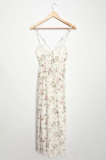 Top Sale Factory wholesale Fashionable Woven Chiffon V-neckline Floral Print Lace-Up Maxi Long Dress