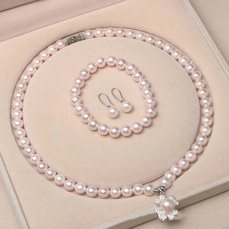 cheap women fashion natural shell pearl necklace bracelet earrings gemstone four-leaf clover pendant shell beaded jewelry set