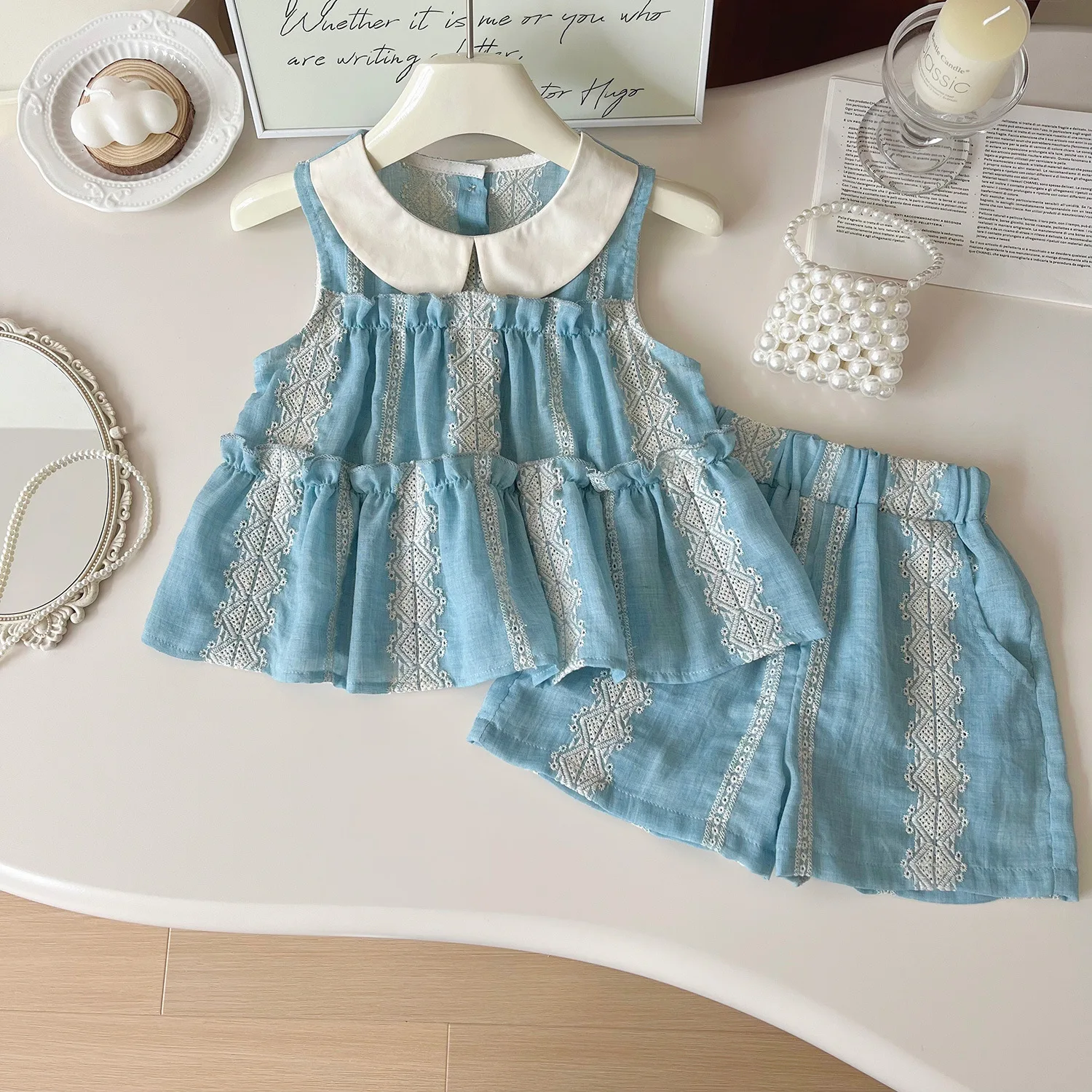 Summer Girl Outfits Doll Collar Round Neck Sleeveless Top Shorts Boutique Children Clothes Wholesale
