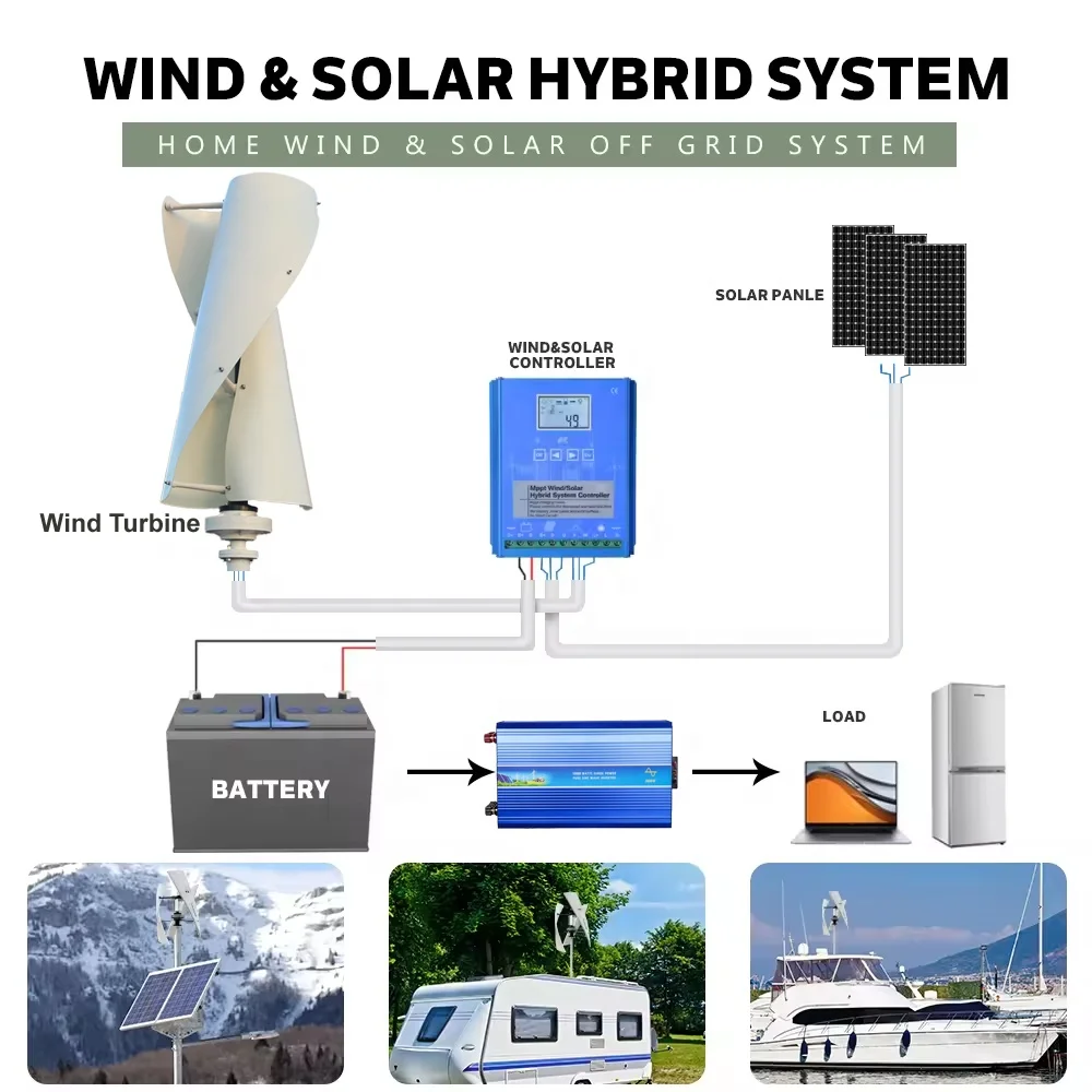 1KW 2KW 3KW 5KW Windmill Power Plant Vertical Axis Wind Generator Wind Turbine With Solar Panel 1200W