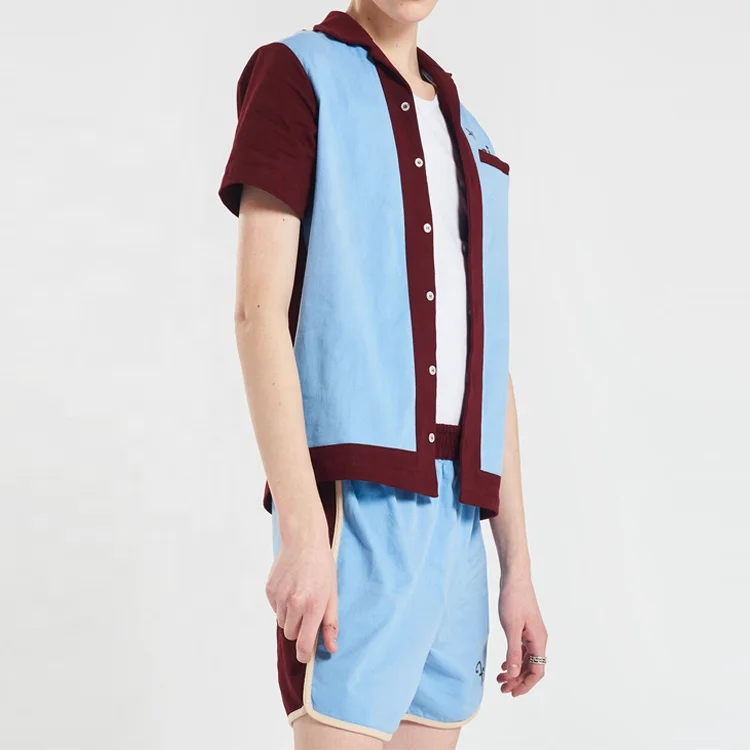 Oem Custom Print Short Sleeve With Matching Shorts  Silk Satin Button Up Men Bowling Shirt Sets Wholesale