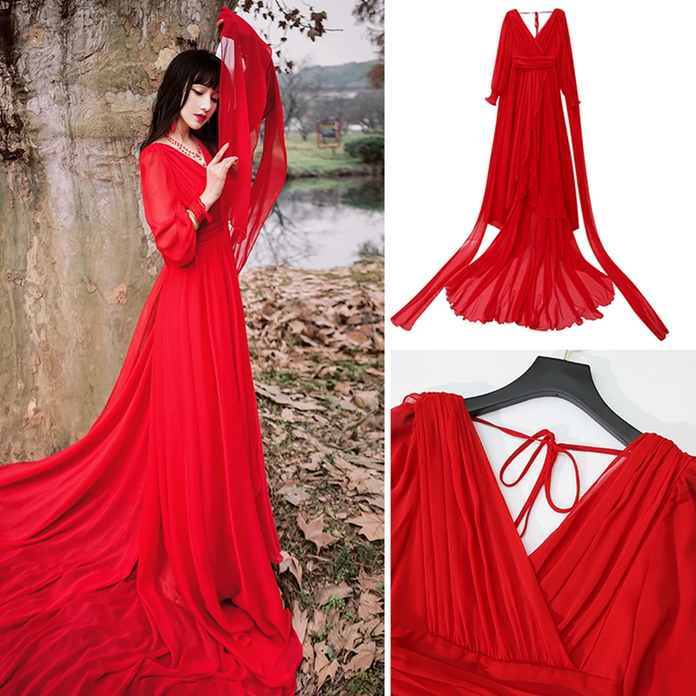 Chiffon Trailing Lantern Sleeve Long Skirt Annual Party Dress Mopping Floating Dress