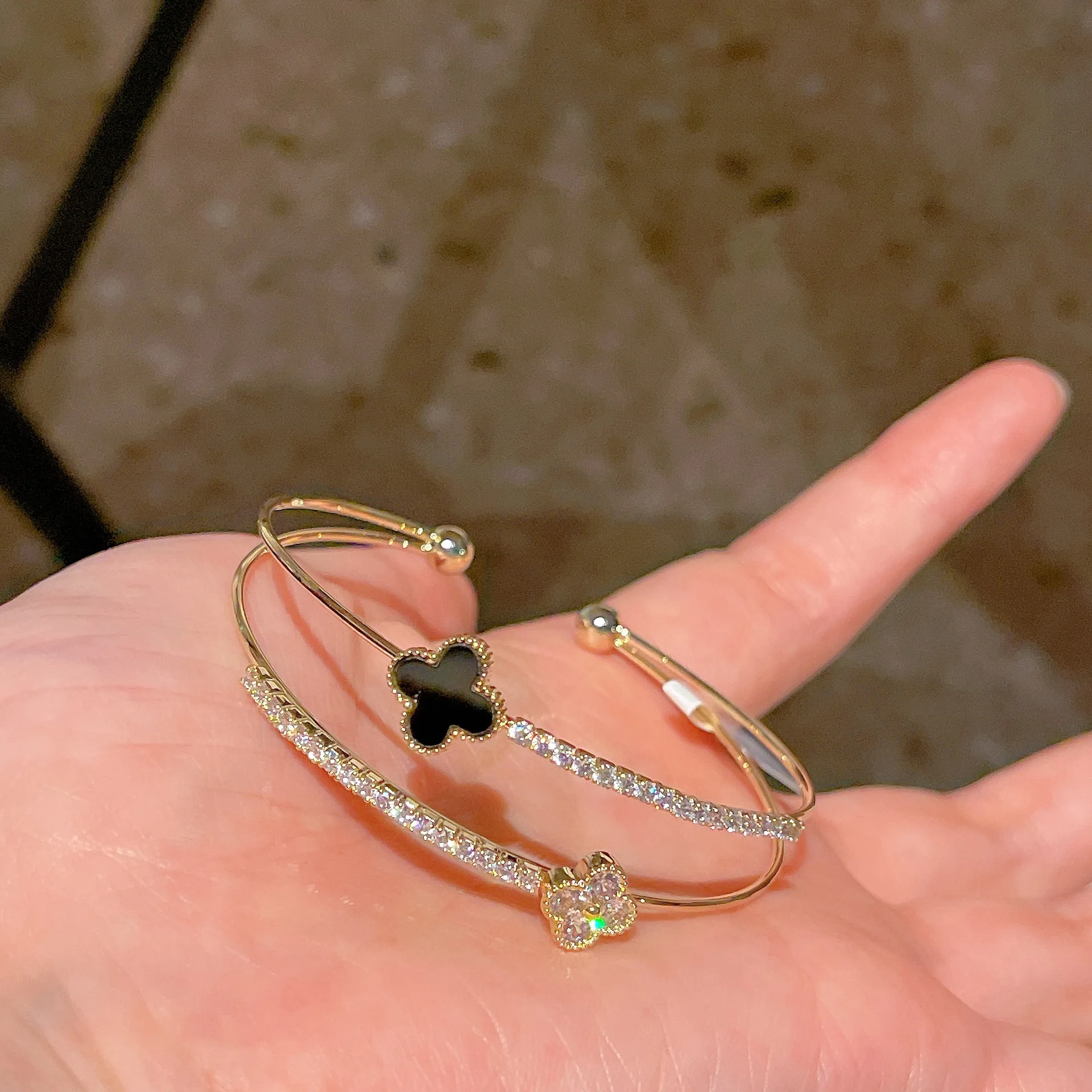 New Exquisite Fine Jewelry Bracelets Bangles 14k Gold Double Layer Clover Bracelet Elegant Zirconia Flower Lucky Charm Bracelet