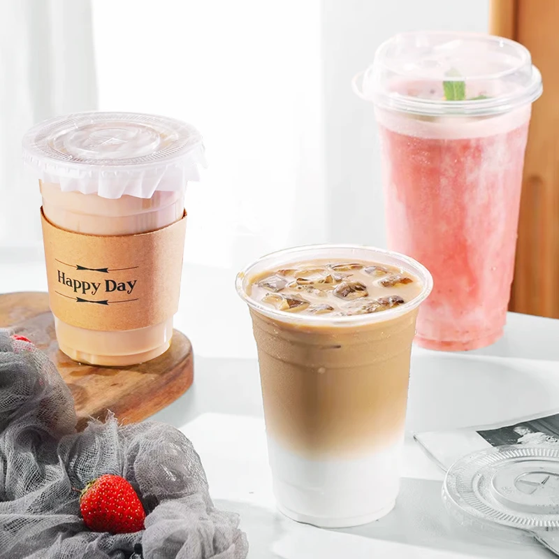 Disposable Coffee Cup Wholesale Thickened Commercial Take-out Packaging Cold Drink Lemon Tea Cup with Lid PET Plastic Beverage