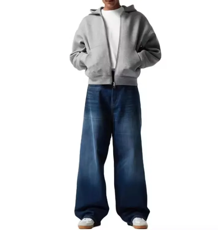 wholesale Drop Shoulder 100% cotton sweatshirt Heavy Weight French Terry Oversized 460gsm Zip Up Men Cropped mens Hoodie