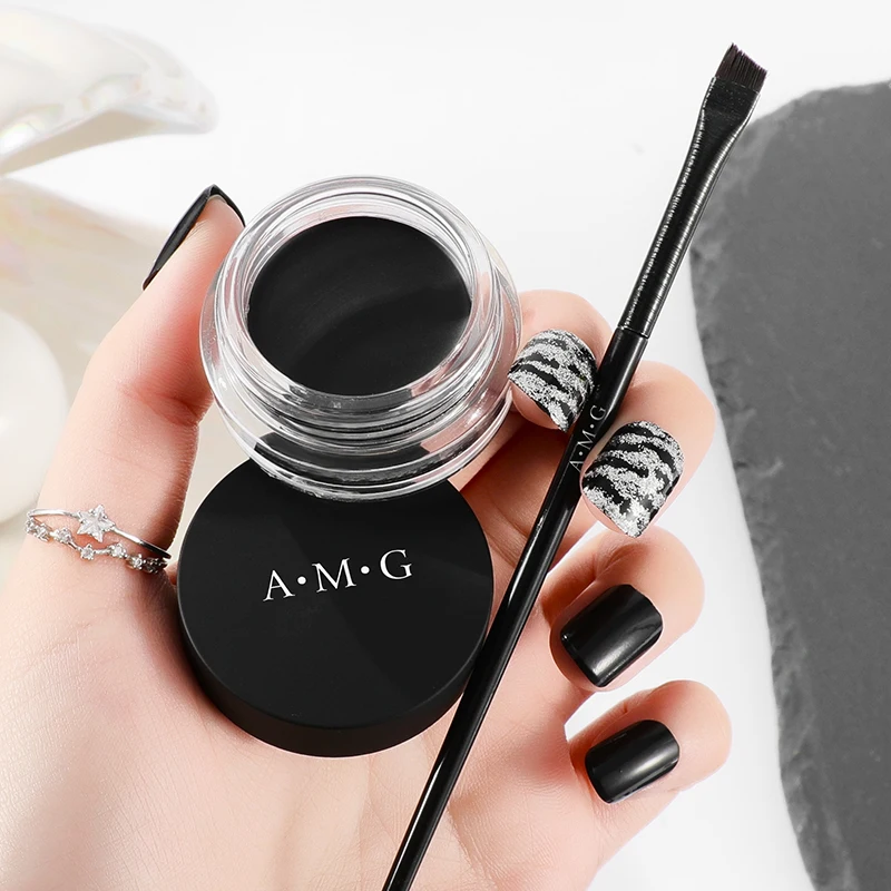 Custom Logo High Pigmented Vegan Eyeliner With Flat Top Brush Soft Smooth Waterproof Long Lasting Brown Black Eyeliner Cream