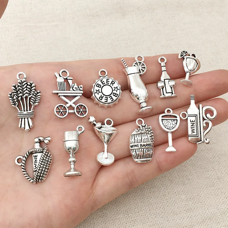 Charms Beer Barrel Grape Wine Opener Glass Antique Silver Color Mixed Pendants DIY Findings Tibetan Making Jewelry Craft