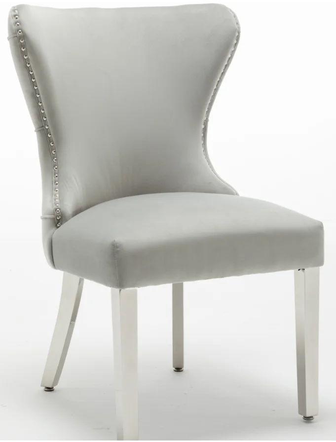 Knightsbridge Back Buttoned Brushed Velvet light Grey Dining Chair with Polished Stainless Steel Legs