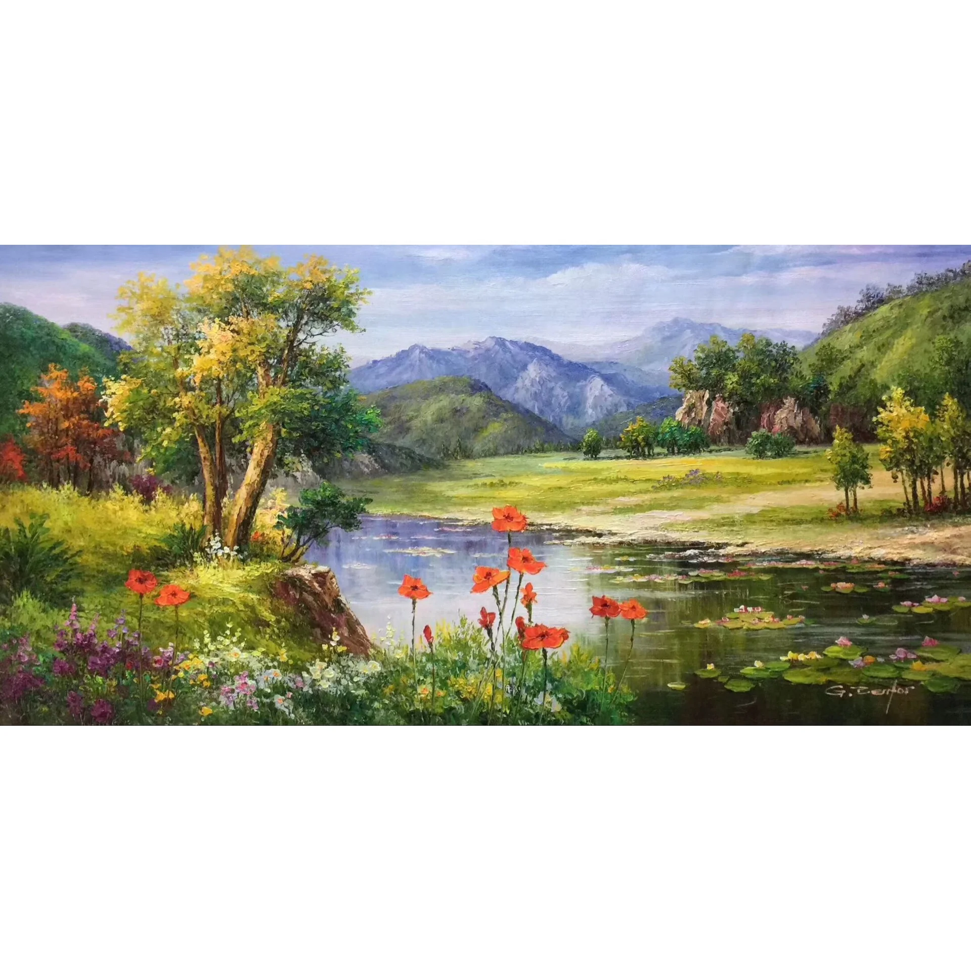Beautiful Handmade Texture Water and Mountain Flower Landscape Home Wall Art Decor Oil Painting on Canvas