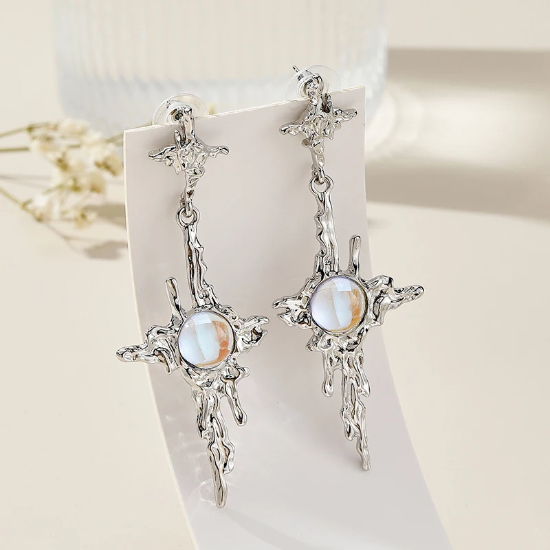2024 Trendy Irregular Liquid Metal White Gold Plated Cross Moonstone Crystal Drops Earrings Jewelry for Girls Wholesale