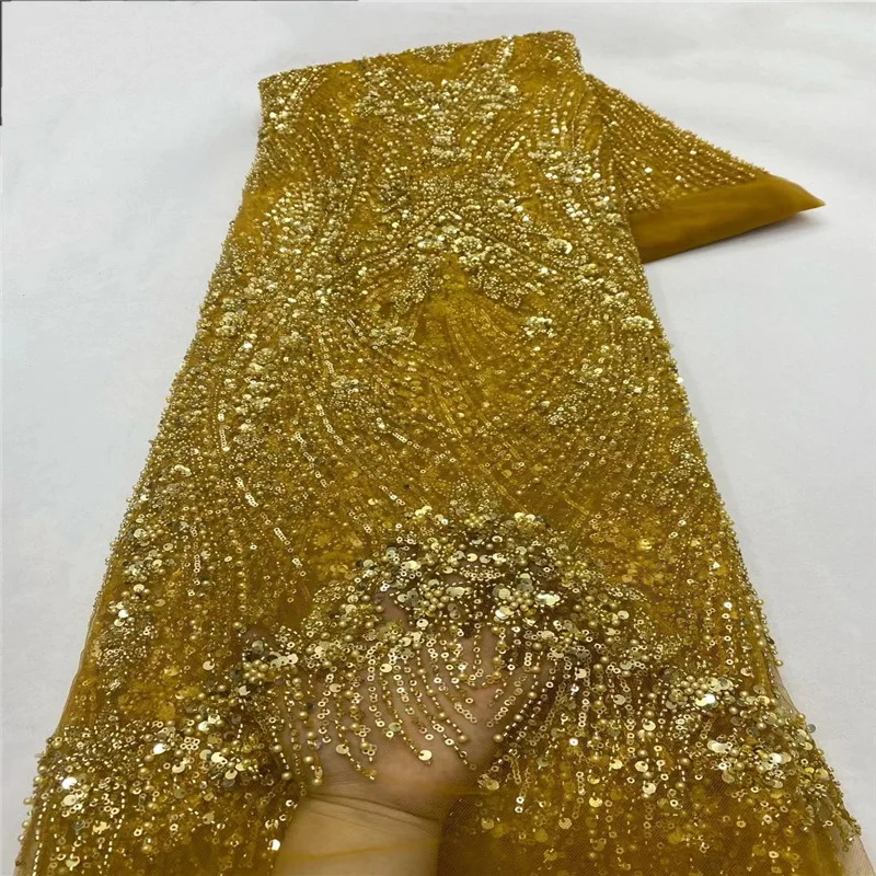 Luxury French Lace Fabric Tulle Net Elegant Heavy Beads 5 Yards Handmade Sequins Fabric Nigeria Wedding Bridal Dress for Party