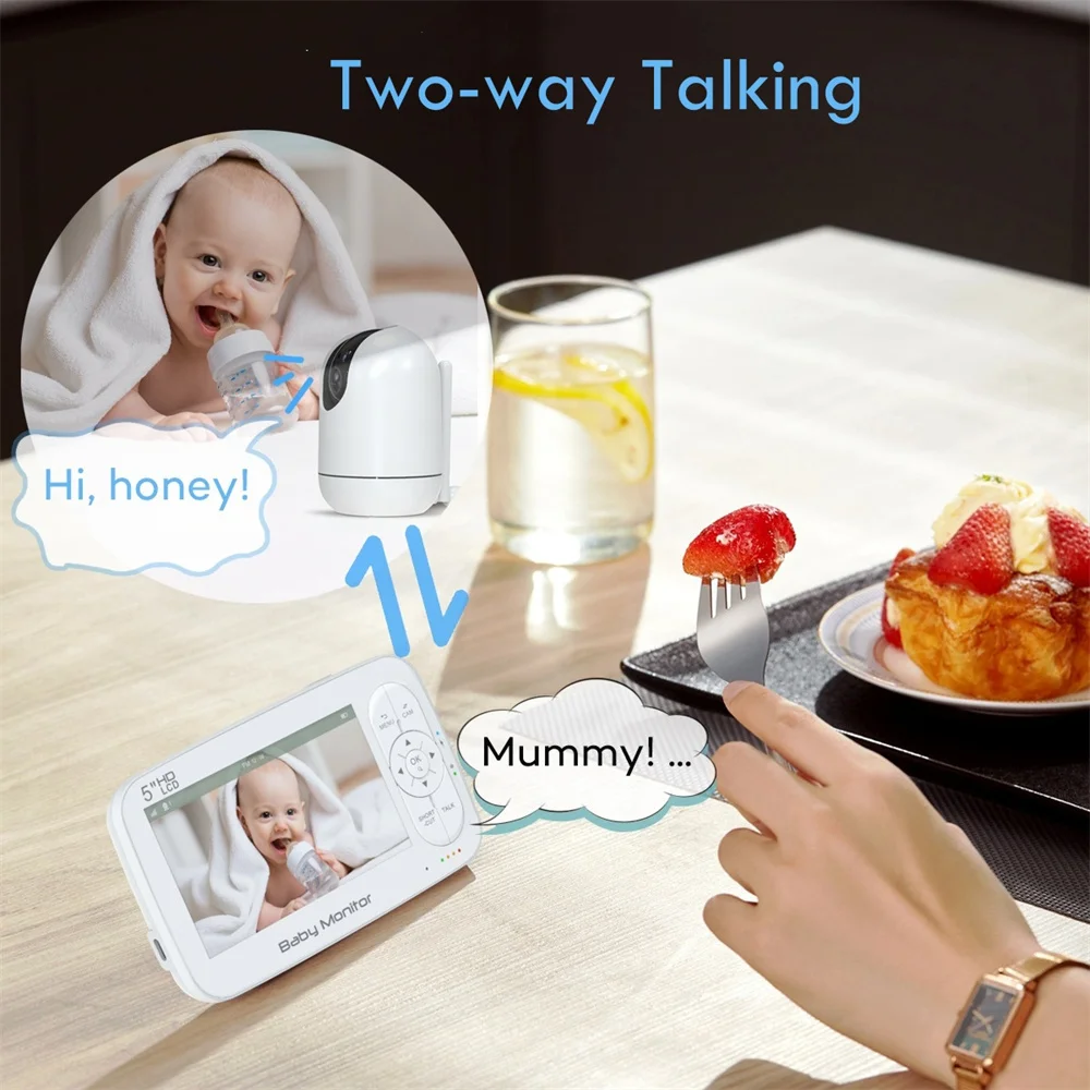 Newest Long Range Remote PTZ View 5000mAh Battery Crying Alarm Lullabies Babyphone 5 inch Tuya Smart WiFi Baby Monitor with APP