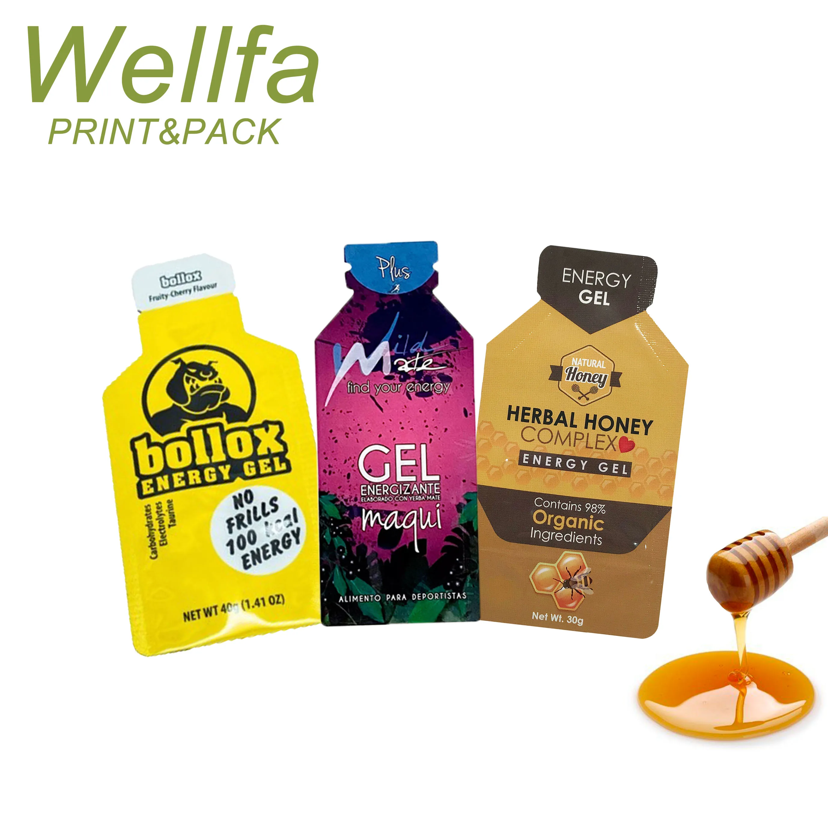 Manufacturer Leak Proof Special Shape Honey Private Label 10ml 15ml 60ml For Liquid Energy Gels Sachet Packaging Pouch Bag