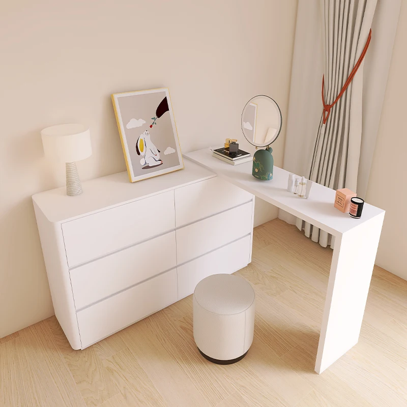 Modern simple bedroom dresser storage cabinet integrated multi-functional solid wood minimalist cream style white makeup desk