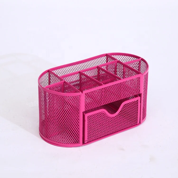 OP Holder File Metal Mesh Desk Kawaii Office Cute Storage Desk Organizer With Eight Compartments & One Sliding Drawer