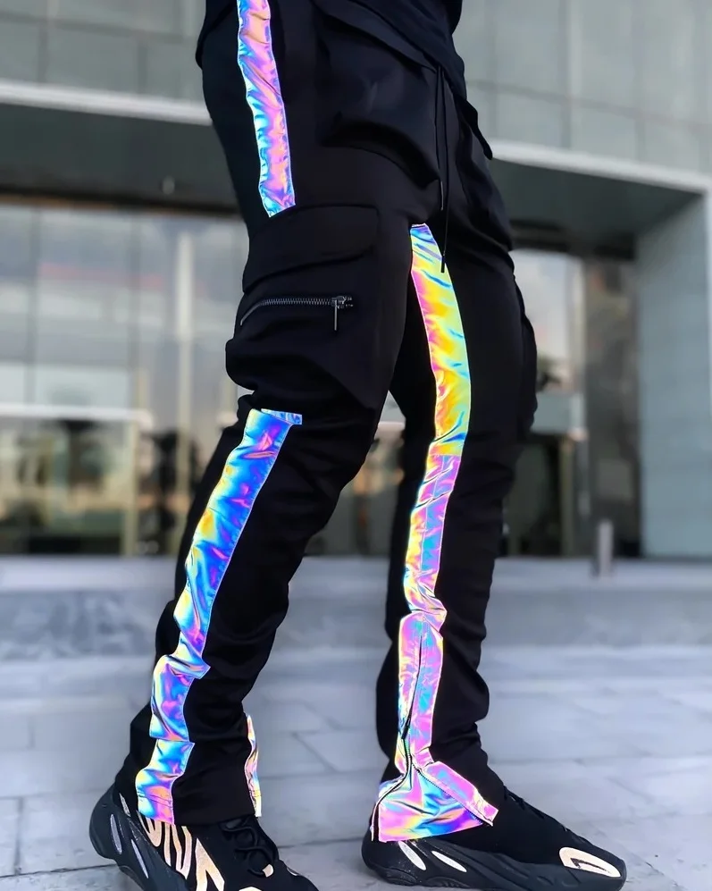 QC Stylish street wear mens hip hop jogger pants reflective colorful shiny pockets cargo sweatpants male