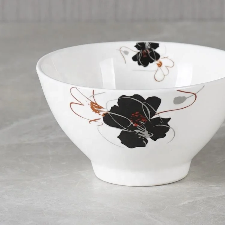 Custom Black Color Flowers Decor Printing Ceramic Bowls 5Inch Ceramic Rice Salad Soup Ramen Bowl