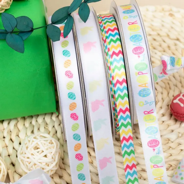 Custom printed Easter  day polyester 1cm satin ribbon webbing 3 Inch 75mm Wide Flamingo Printed Recycled Custom Ribbon For Hair