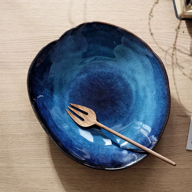 Chinese Direct wholesale reaction glaze ceramic Irregular deep plates dishes fancy restaurant and hotel crockery tableware