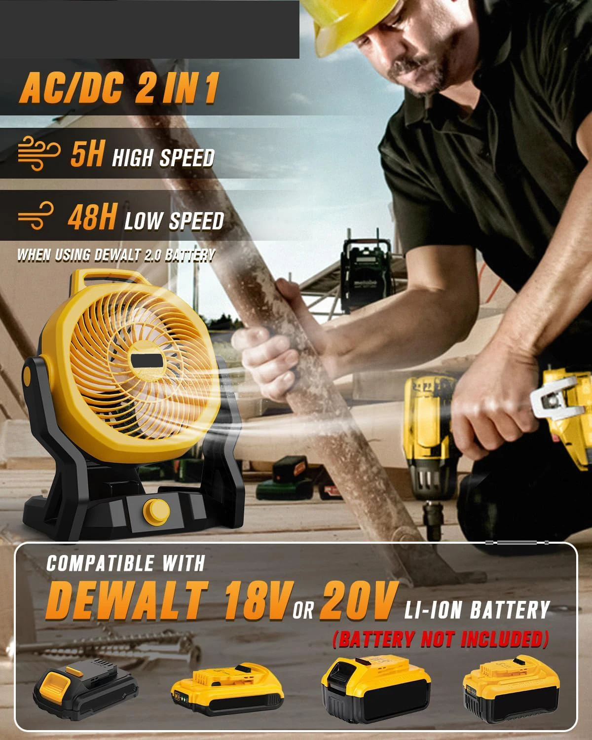Battery Operated Fan for Dewalt Battery with AC Adapter, Up to 650 CFM Portable Fan, Variable Speed Low Noise