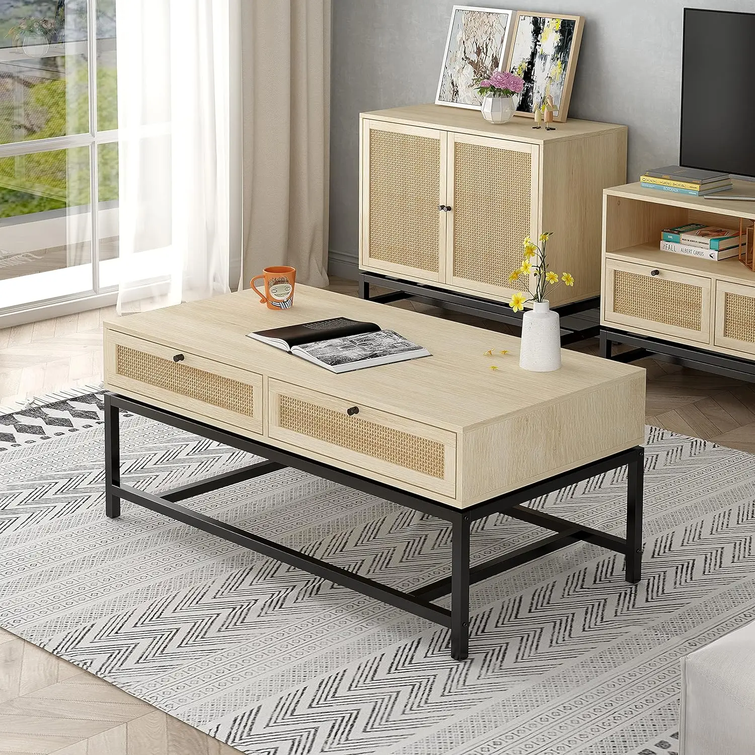 rattan coffee table with cane door Modern Coffee Table with Storage for Living Room Drawers and a Sturdy Metal Base