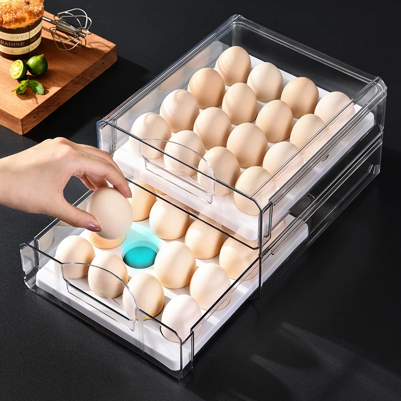 32 Grid Kitchen Stackable Pull Out Bins Holder fridge Organizer Double Layers Container Refrigerator Egg Storage Box Drawer