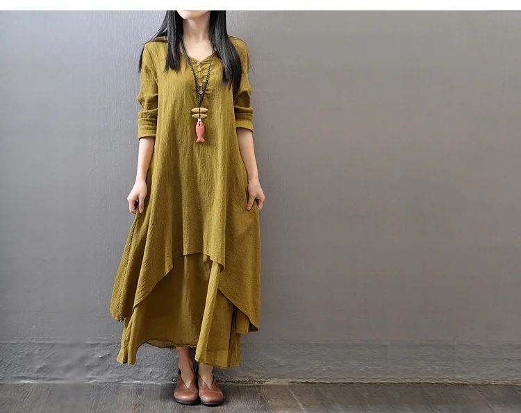 HKRED RTS Wholesale Lady Solid Color Long Sleeve Cotton Korean Maxi Women Linen Dress With Plus Size Casual Dresses